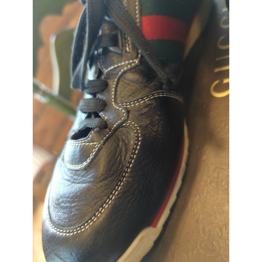 Gucci GG Web Stripe Sneakers Black Leather Size 8 US Low Top Lace-Up Trainer Box - Picture 5 of 16
